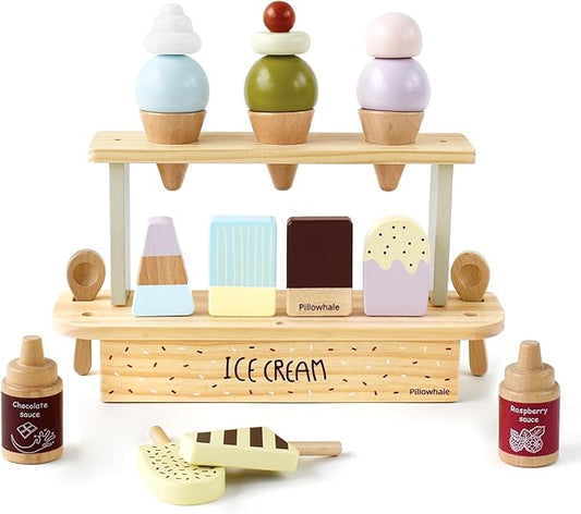 Wooden Ice Cream Toy,Pretend Play Food Toys,Play Ice Cream Counter Set for Kids,Play Kitchen Accessories for Toddlers Girls Boys Ages 3+