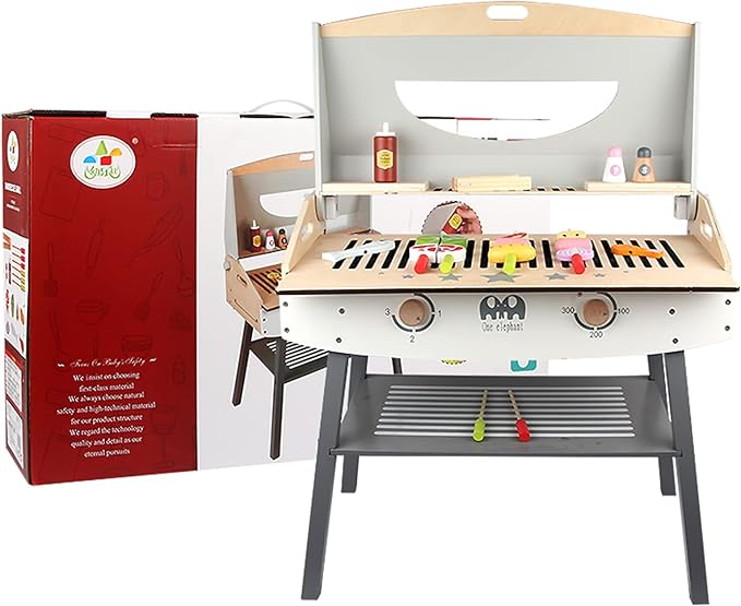 Wooden Pretend Barbecue Grill Play Set, Play Kitchen Set Cooking Gift for Girls and Boys - Best for 3 4 5 Year Old Kids