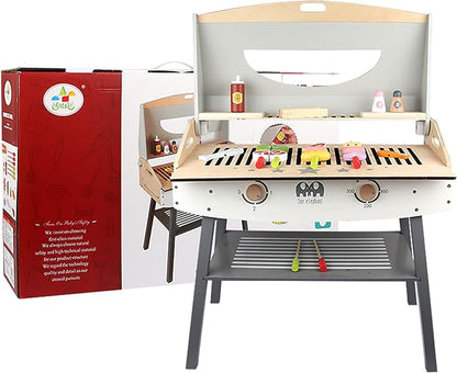 Wooden Pretend Barbecue Grill Play Set, Play Kitchen Set Cooking Gift for Girls and Boys - Best for 3 4 5 Year Old Kids