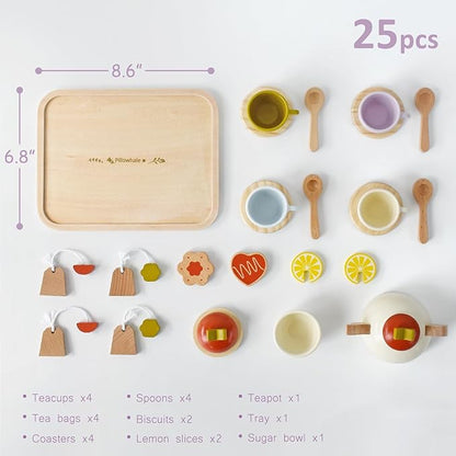 Wooden Toys Tea Party Set,Tea Set for Little Girls,Toddler Tea Set,Kids Play Kitchen Accessories,Play Food for Toddlers Boys Girls Ages 3+