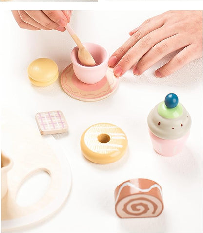 Wooden Dessert Cake Tea Party Set for Little Girls Toys, Pretend Play Kids Tea Set for Toddlers Wood Toys, Wooden Play Food Kitchen Accessories Sets for Kids