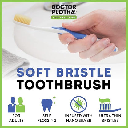 MOUTHWATCHERS Dr Plotkas Extra Soft Flossing Toothbrush Manual Soft Toothbrush for Adults, Ultra Clean Toothbrush, Good for Sensitive Teeth and Gums, Multicolor - 6 Pack