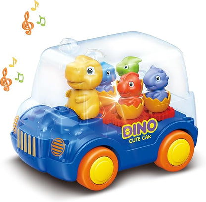Dinosaur Bus Cars (Blue)，Light Up Toy Toddler Trucks，Automatic Bump & Go Clear with Color Moving Gears, Music 1-3 2-4