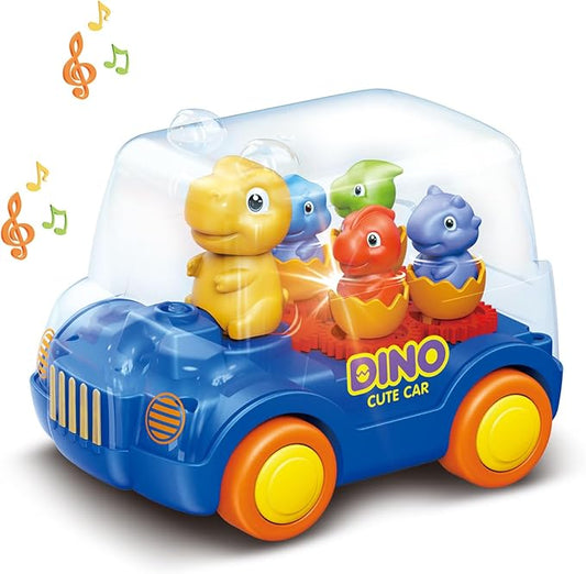 Dinosaur Bus Cars (Blue)，Light Up Toy Toddler Trucks，Automatic Bump & Go Clear with Color Moving Gears, Music 1-3 2-4