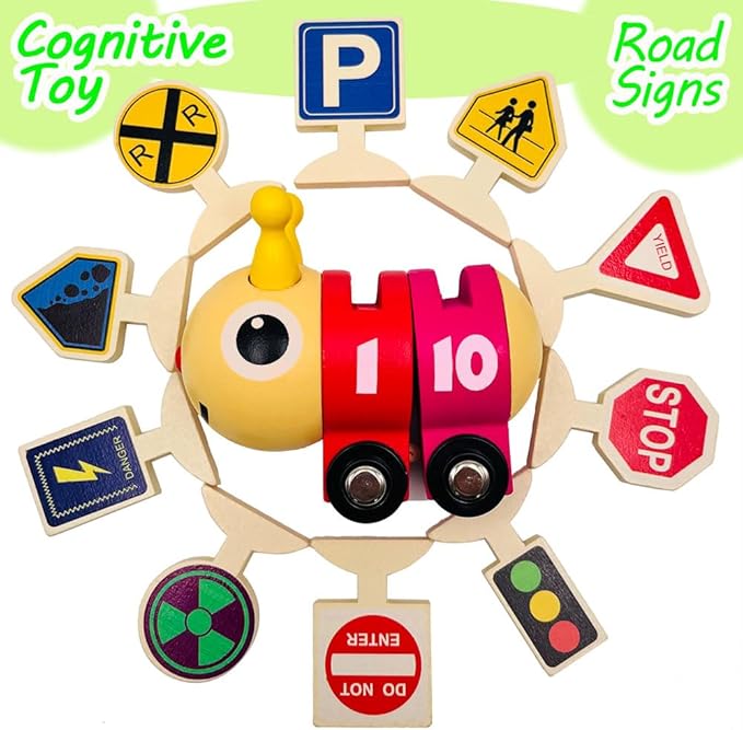 Montessori Toys for 3 Year Old, Wooden Caterpillar Number Train Set Toys with Street Signs 4 Year 3, Birthday 3