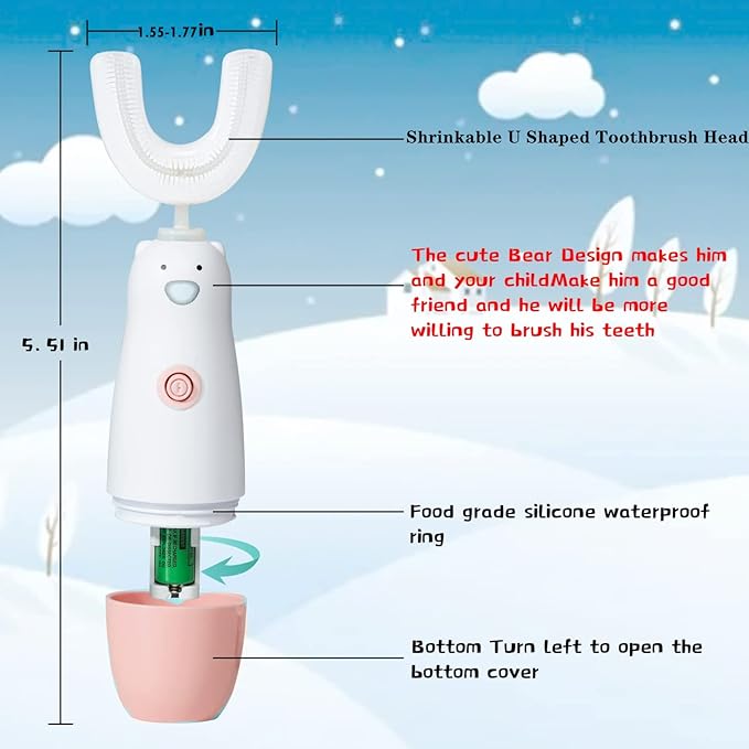 Kids Electric Toothbrush，6 Cleaning Models Toddler Toothbrush Waterproof Battery Powered 360 Automatic Sonic u Shaped Toothbrushes for 2-7 Years Old for Boys Girls（Pink）
