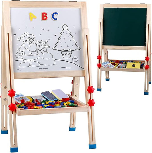 Wooden Art Easel for Kids (Double Sided) - Standing Magnetic Whiteboard Chalkboard Small Toddler Toys PM-048-H