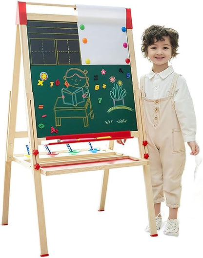 Wooden Art Easel for Kids (Double Sided) with Paper Roll, Height Adjustable from 35.4'' to 65'' for Kids Toddlers 3-6 6-12 12-16 KT-065-2