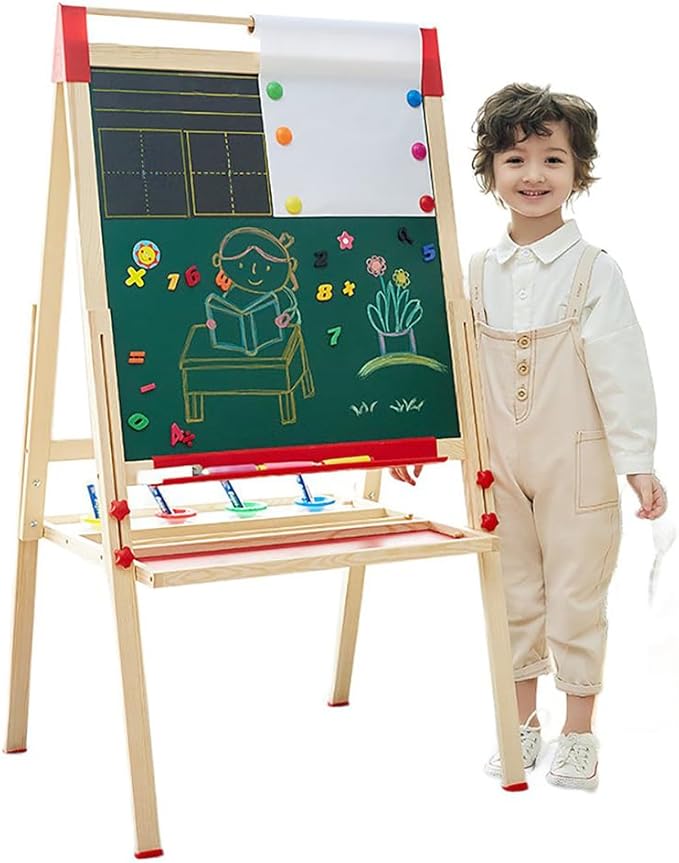 Wooden Art Easel for Kids (Double Sided) with Paper Roll, Height Adjustable from 35.4'' to 65'' for Kids Toddlers 3-6 6-12 12-16 KT-065-2