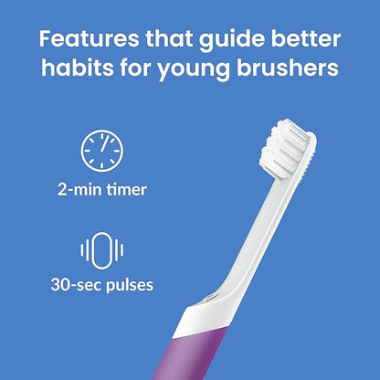 Quip Sonic Toothbrush for Kids with Timer - Includes Extra Brush Head and Travel Cover Mount - Electric, Soft Bristle Refill Head, Rubber Handle, 3 Month Battery Life - Travel Toothbrush - Purple