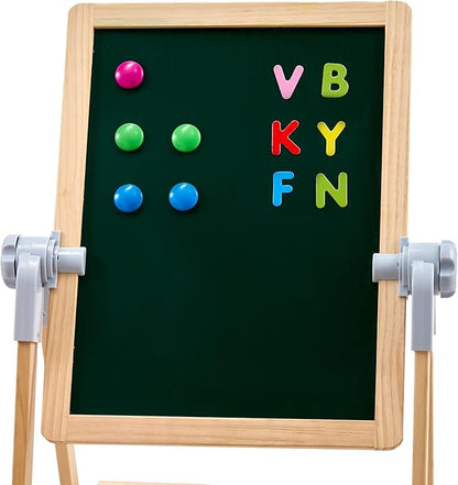 VEVOR Art Easel for Kids, 2-in-1 Wooden Double-Sided Kid's Art Easel with Magnetic Whiteboard & Chalkboard, Adjustable Standing Rotatable Foldable Drawing Board with Painting Accessories for Boy Girl