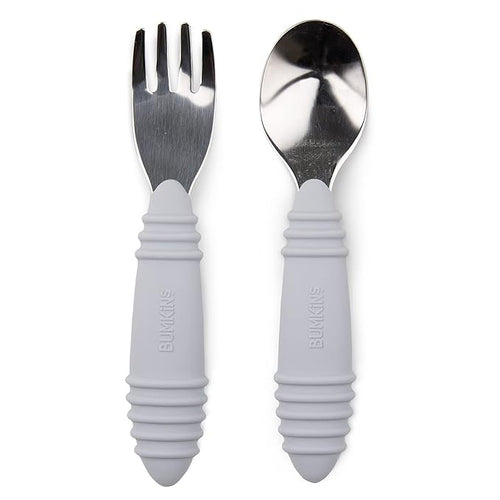 Bumkins Toddler Utensils, Kids Size Fork and Spoon Set, Silicone and Stainless-Steel Training Silverware, Angled Forks / Sporks for Self-Feeding, Children Hold Learning to Eat, 18 Months Up, Gray