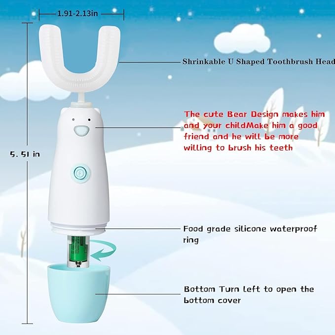 Kids Electric Toothbrush，6 Cleaning Models Toddler Toothbrush Waterproof Battery Powered 360 Automatic Sonic u Shaped Toothbrushes for 2-7 Years Old for Boys Girls（Blue）