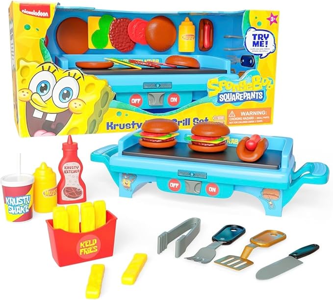 SpongeBob SquarePants Krusty Krab Toy Grill for Kids Lights & Sounds Krabby Patty Burgers, Kelp Fries, Pretend Plastic BBQ Cooking Toys for Toddlers