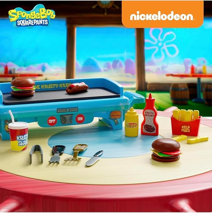 SpongeBob SquarePants Krusty Krab Toy Grill for Kids Lights & Sounds Krabby Patty Burgers, Kelp Fries, Pretend Plastic BBQ Cooking Toys for Toddlers