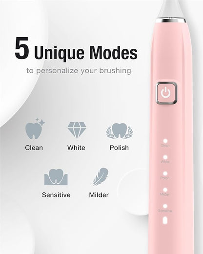 7AM2M Sonic Electric Toothbrush with 6 Brush Heads for Adults&Kids, One Charge for 120 Days, Wireless Fast Charge, 5 Modes, 40000VPM Powered Toothbrush, 2 Minutes Built in Smart Timer (Pink)