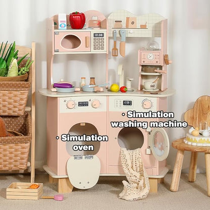 Wooden Play Kitchen for Kids Toddlers, Wooden Pretend Play Kitchen Set Toy with Washing Machine and Coffee Grinder, Toys Kitchen Gift for 3+ Year Old Kids, Girls & Boys