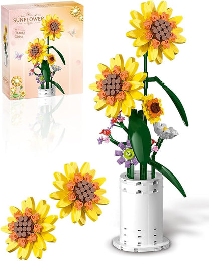 Sunflower Building Block Set, Flower Bouquet with Vase Building Toys, Party Gift Favor for Adults Teens Kids Girls Boys