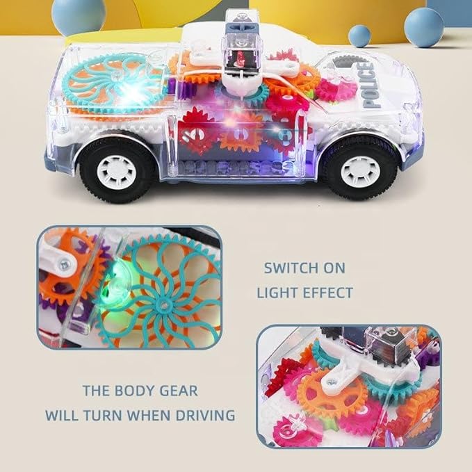 Nenekal Transparent Electric Police Car Gear Toy with Flashing Lights & Music, Automatically Changes Direction 3+, STEM