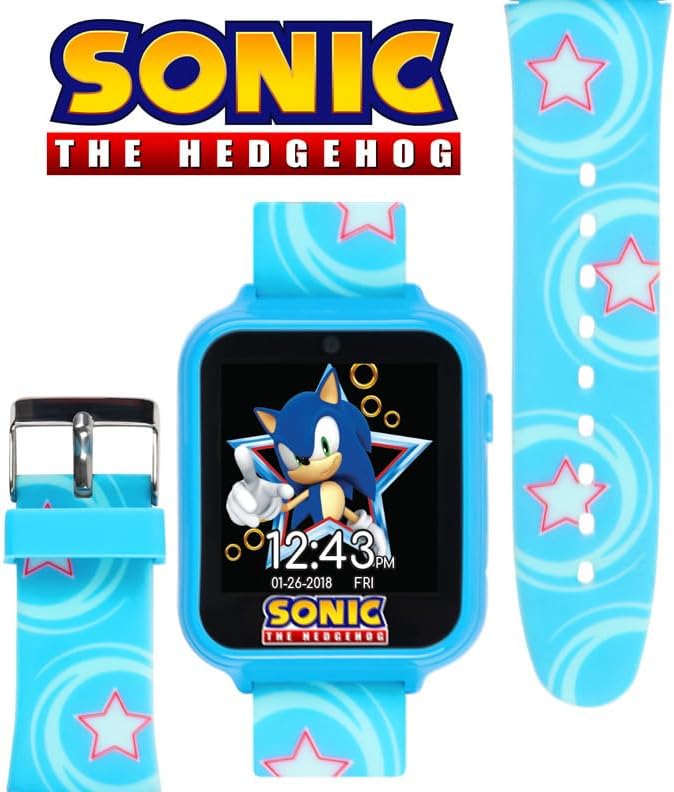 Accutime Kids SEGA Sonic The Hedgehog Blue Educational Touchscreen Smart Watch Toy for Boys, Girls, Toddlers - Selfie Cam, Learning Games, Alarm, Calculator, Pedometer (Model: SNC4133AZ)