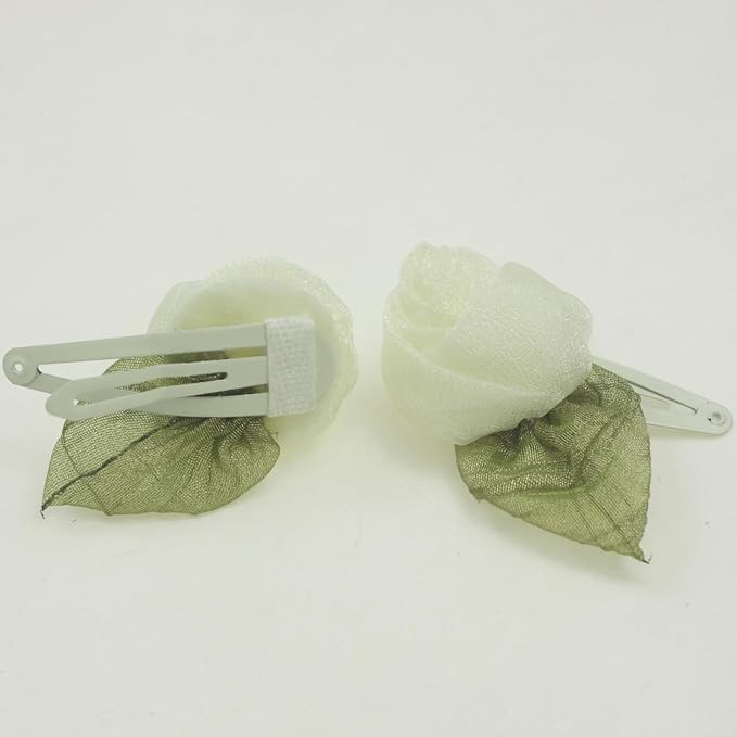 Off white Organza Rose Flower Snap Clips for little Girls -2Pcs