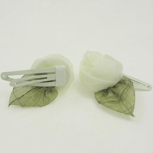 Off white Organza Rose Flower Snap Clips for little Girls -2Pcs