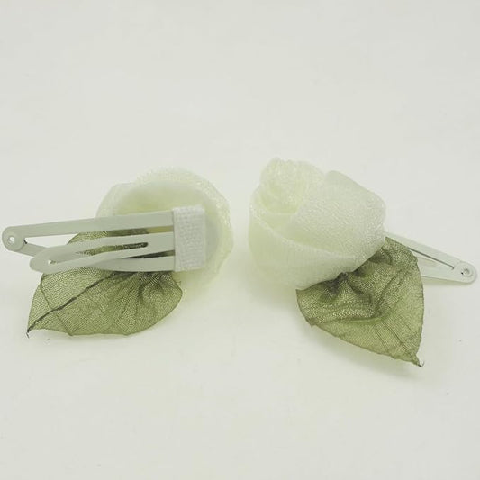 Off white Organza Rose Flower Snap Clips for little Girls -2Pcs