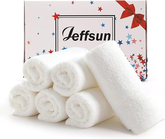JEFFSUN Wash Cloths 6 Pack, 13x13 inch Extra Large White Face Towels for Sensitive Skin