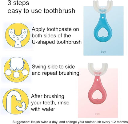 2 Pcs U-Shaped Kids Toothbrush, Premium Soft Manual Training Toothbrush for Kids 2-6 Years Old. (Pink)