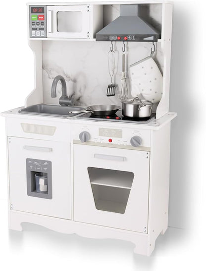 Wooden Play Kitchen Set for Kids, Toy Kitchen Playset with Real Lights and Sounds, Gift for Boys Girls Age 3+, Dimensions: 32” H x 28” W x 11” D (White)