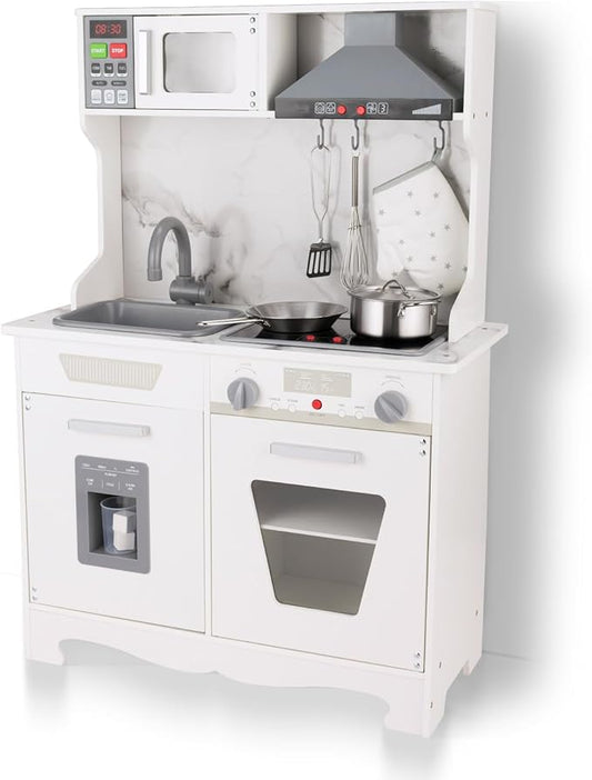 Wooden Play Kitchen Set for Kids, Toy Kitchen Playset with Real Lights and Sounds, Gift for Boys Girls Age 3+, Dimensions: 32” H x 28” W x 11” D (White)