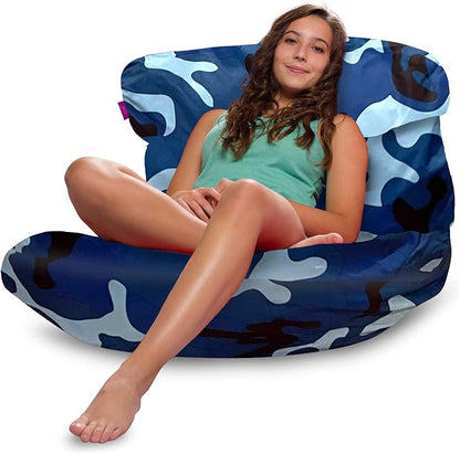 Posh Creations Structured Comfy Bean Bag Chair for Gaming, Reading and Watching TV, Laguna Lounger, Nylon - Camo Blue and Light Blue
