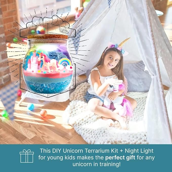 Unicorn Light Up Terrarium Kit for Kids I DIY Unicorn Toys Craft Kits for Kids I Terrarium Jar Night Light for Kids Crystal Growing Kit I Unicorn Gifts for Girls Age 4-12