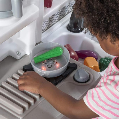 Step2 Timeless Trends Kids Kitchen Playset, Indoor/Outdoor Kitchenette, Interactive Play with Lights and Sounds, Made of Durable Plastic, Includes 21 Piece Toy Accessories, for Toddlers 2+ Years Old
