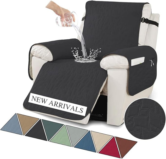 XINEAGE 100% Waterproof Recliner Chair Covers with Elastic Straps, Nonslip Reclining Couch Covers Washable Recliner Couch Cover with Pockets Furniture Protector for Pets Dogs (Black, 30")