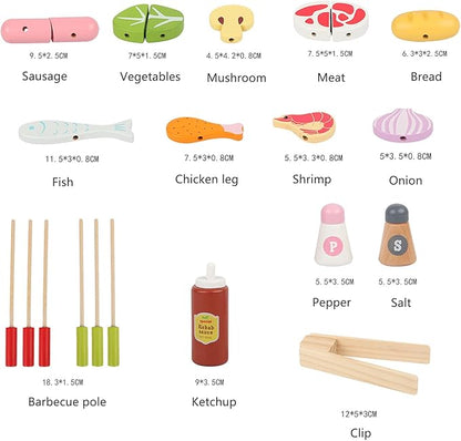 Wooden Pretend Barbecue Grill Play Set, Play Kitchen Set Cooking Gift for Girls and Boys - Best for 3 4 5 Year Old Kids