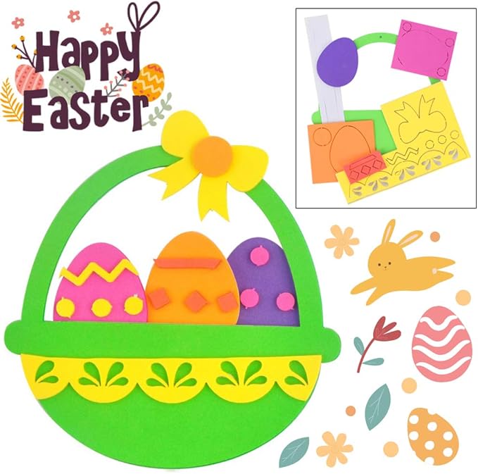 BigOtters Easter Craft Kits, 6PCS DIY Sets Including Hatching Chick Bunny Egg Easter Basket Craft Stick Sign Bunny Wreath and Rabbit Glasses for Kids Favor Classroom Daycare Homeschool Art Decor
