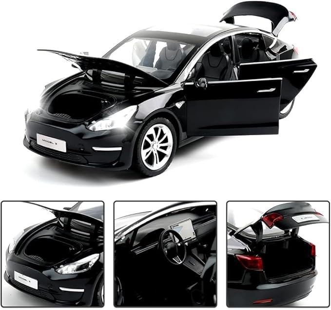 1:24 Scale Tesla Model 3 Alloy Car Model Diecast Toy Vehicles for Kids, Tesla car Model，Pull Back Alloy Car with Lights and Music