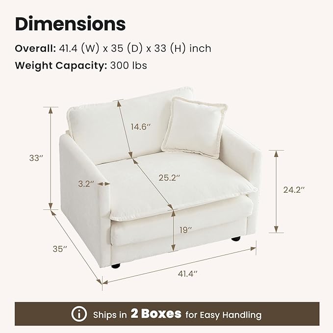 Chenille Oversized Accent Chair - 41.4”W Big Comfy Modular Cloud Chair, Cozy Armchair for Living Room, Bedroom, Kids Room, Family Room, Reading Nook, Ivory Cream