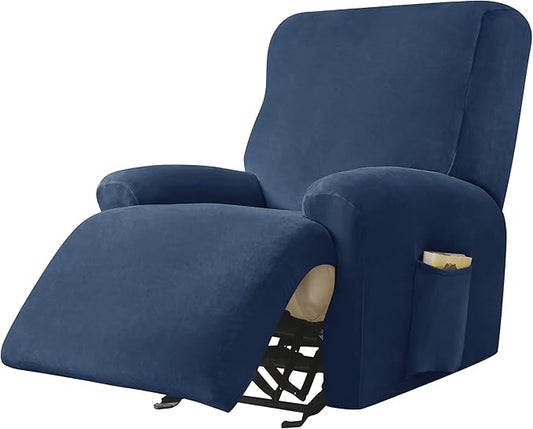 OBCREAT High Stretch Recliner Chair Cover Soft Velvet Recliner Slipcovers 4 Pieces Lazy Boy Recliner Couch Covers Plush Furniture Protector for Kids Pets (Navy)