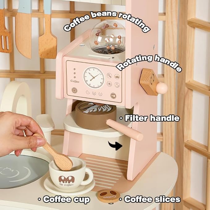 Wooden Play Kitchen for Kids Toddlers, Wooden Pretend Play Kitchen Set Toy with Washing Machine and Coffee Grinder, Toys Kitchen Gift for 3+ Year Old Kids, Girls & Boys