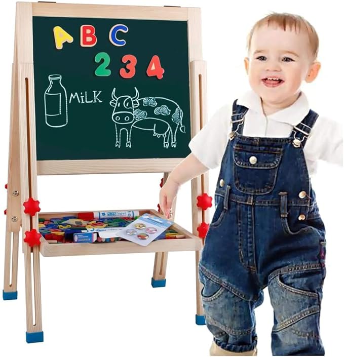 Wooden Art Easel for Kids (Double Sided) - Standing Magnetic Whiteboard Chalkboard Small Toddler Toys PM-048-H