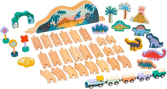Manhattan Toy T-Rex Express 45-Piece Jurassic-Themed Wooden Toy Train Set 3 Years