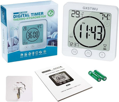 2Pcs Digital Shower Clock, Bathroom Timer Clock, Waterproof for Water Spray, Count Up Count Down Alarm, Touch Screen Timer, Temperature Humidity, Wall Clock Magnet, Suction Cup, Stand (2packs)