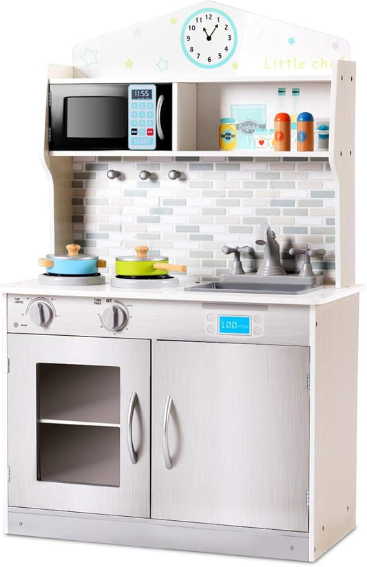 Costzon Kids Kitchen Playset, Wooden Pretend Chef Cooking Toy Kitchen with Realistic Sound, Microwave, Sink, Cookware Accessories, Play Kitchen for Toddlers, Boys, Girls, Gift for Ages 3+
