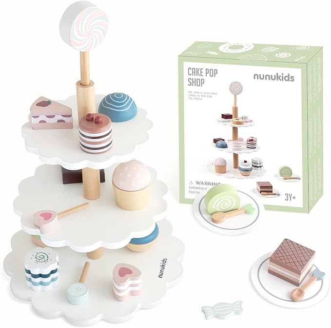 Wooden Tea Party Set for Little Girls Fake Food for Kids Kitchen 22pcs Cake Shop Toy