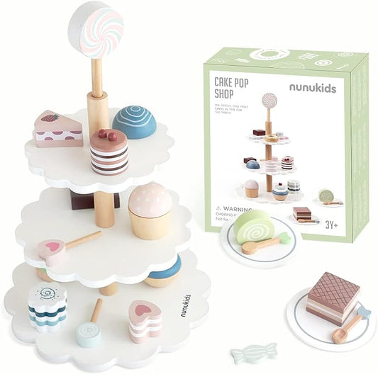 Wooden Tea Party Set for Little Girls Fake Food for Kids Kitchen 22pcs Cake Shop Toy