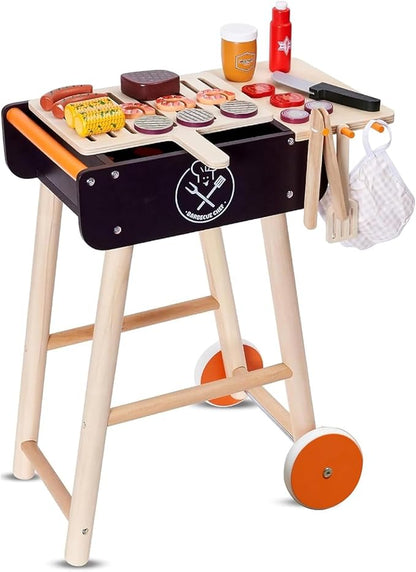 Wooden Play Barbecue Toy Grill, Kids BBQ Grill Playset with Play Food and Grilling Tools, Kids Cooking Sets, Outdoor Play Kitchen Set Kids, Pretend Play Kitchen Accessories Toddlers Age 3+
