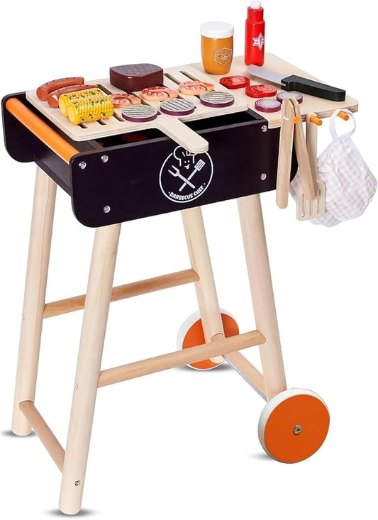 Wooden Play Barbecue Toy Grill, Kids BBQ Grill Playset with Play Food and Grilling Tools, Kids Cooking Sets, Outdoor Play Kitchen Set Kids, Pretend Play Kitchen Accessories Toddlers Age 3+