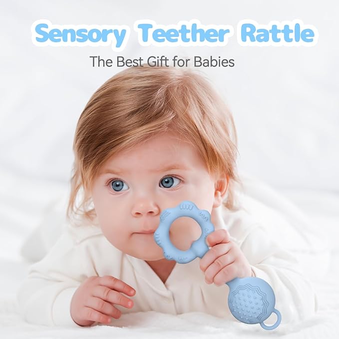 Teethers for Babies 6-12 Months, Rattles for Babies 0-6 Months 2-in-1 Rattle
